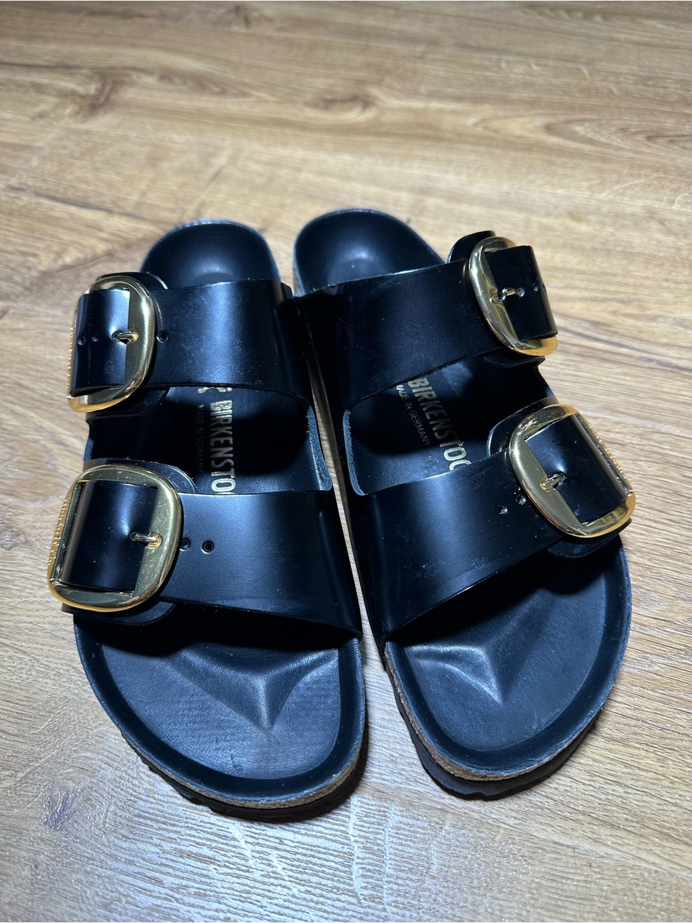 Birkenstock Arizona Big Buckle Black Sandals with Gold Buckles Size 42